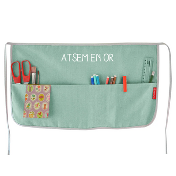 Tablier cadeau maîtresse personnalisé Vert amande Lin enduit